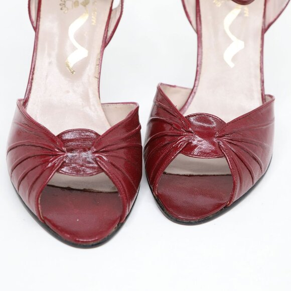 Vintage Nina Burgundy Leather Ankle Strap Peep-Toe Pumps Heels Retro 90s Classic - Picture 4 of 12